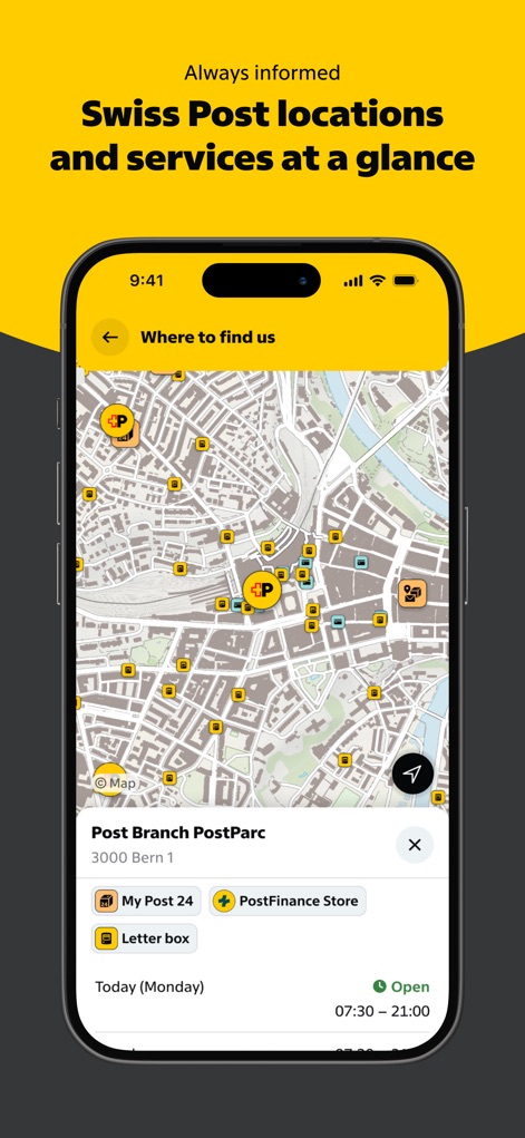 Swiss Post - Les utilisateurs peuvent localiser facilement les "Post branches" et les "Letter box" sur une carte interactive, avec des détails sur les services disponibles comme "My Post 24" et leurs horaires.