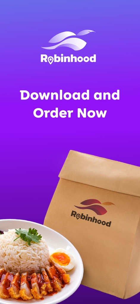 Robinhood: Food Delivery app - The final screen features a direct 'Download and Order Now' call to action, complemented by professional food photography and branded delivery packaging, encouraging immediate user engagement.