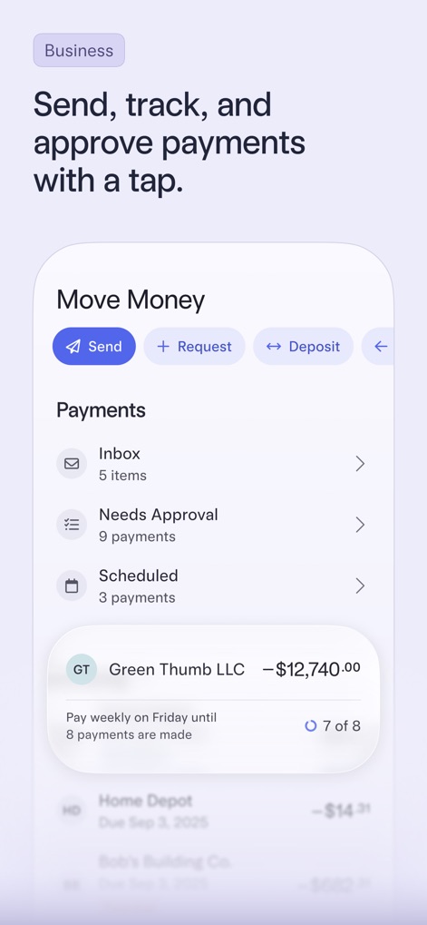 Mercury | Bank Differently - Users can efficiently manage money movement through prominent "Send, Request, Deposit buttons" and track all transactions within organized "Payments categories (Inbox, Needs Approval)".