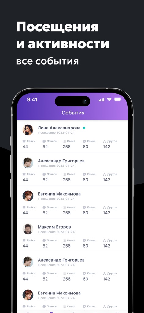 Statistics from VK - This tool offers an exhaustive 'events log', breaking down 'detailed interaction metrics' for each visitor to your profile.
