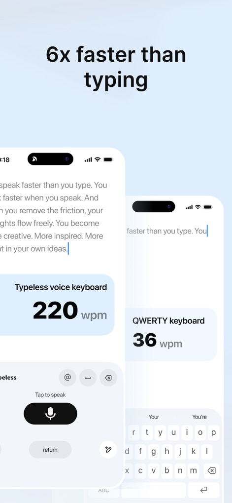 Typeless: AI Voice Keyboard - Découvrez l'efficacité inégalée de cette application. Elle affiche une vitesse de dictée vocale de 220 mots par minute, soit six fois plus rapide qu'un clavier QWERTY traditionnel de 36 mots par minute.