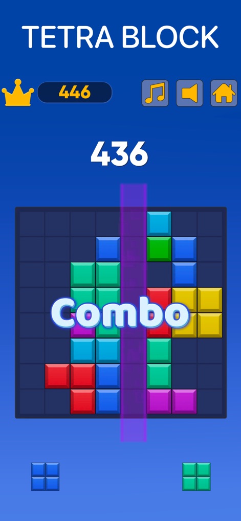 Offline Games no wifi internet - Esta imagem ilustra o jogo "TETRA BLOCK", mostrando blocos coloridos em uma grade azul e um medidor de pontuação na parte superior.