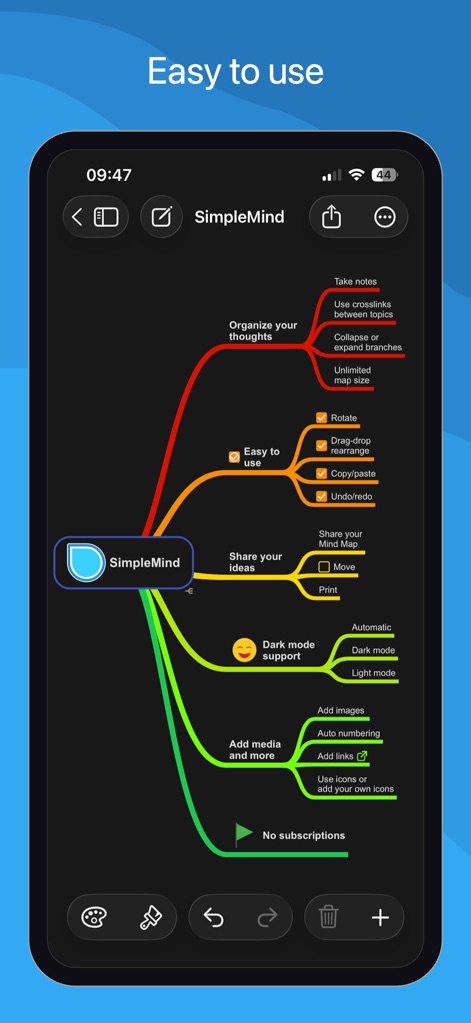 SimpleMind - Mind Mapping - Users can customize their mind maps with dynamic styling options, including various color schemes for branches and dark mode support.