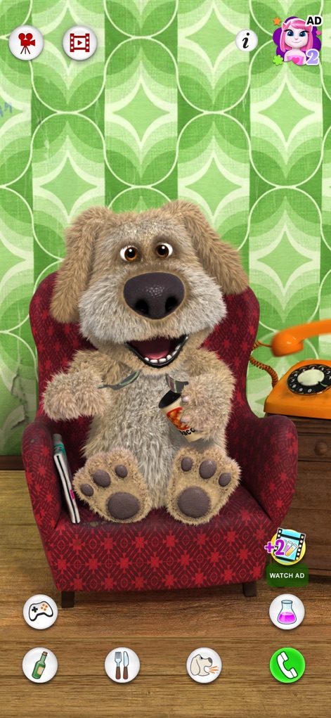 Talking Ben the Dog - Observe Ben enjoying a drink from his bottle, facilitated by the easily accessible bottom interaction panel featuring diverse action buttons for user engagement.