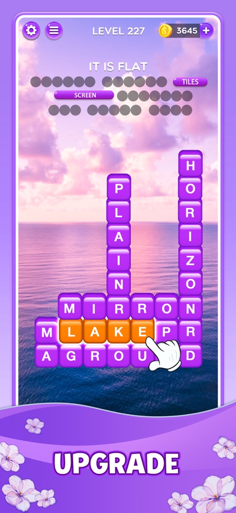 Word Crush® - Fun Puzzle Game - Gli utenti possono progredire attraverso vari livelli, come il 227 "IT IS FLAT", formando parole dai blocchi di lettere viola che si distinguono chiaramente sullo sfondo cromatico del cielo e del mare.