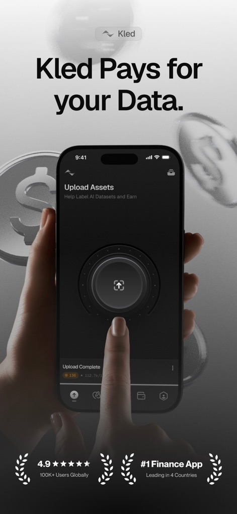Kled - Users can effortlessly upload their digital content through the prominent central button and monitor progress with the 'Upload Complete' notification.