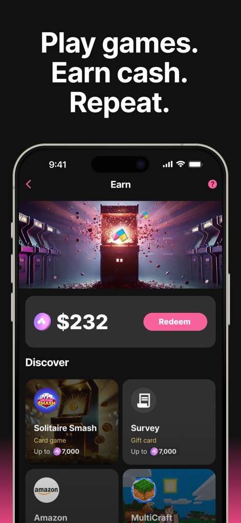 Step: All-In-One Money App - This section reveals diverse ways to earn, displaying a total balance of $232 and presenting options like playing games or completing surveys.