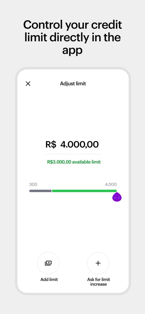 Nu - Witness the app's dynamic slider for instant credit limit adjustments and the transparent display of the available limit, empowering users.