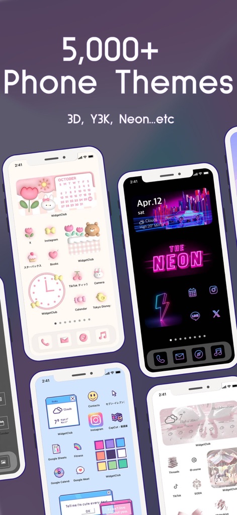 WidgetClub:Widget, Theme, Icon - 5,000개 이상의 다양한 폰 테마로 사용자는 Y2K, 3D, 네온 등 트렌디한 스타일을 연출할 수 있습니다. 파스텔 톤의 귀여운 테마부터 강렬한 네온 불빛이 돋보이는 테마까지, 모든 취향을 만족시킵니다.
