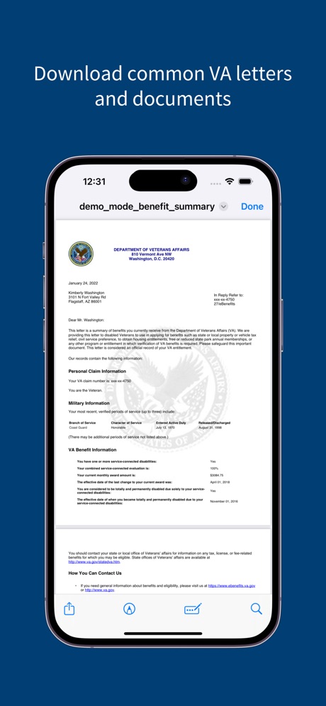 VA: Health and Benefits App Store screenshot 5, headline “Download common VA letters and documents”. Asks for an action.