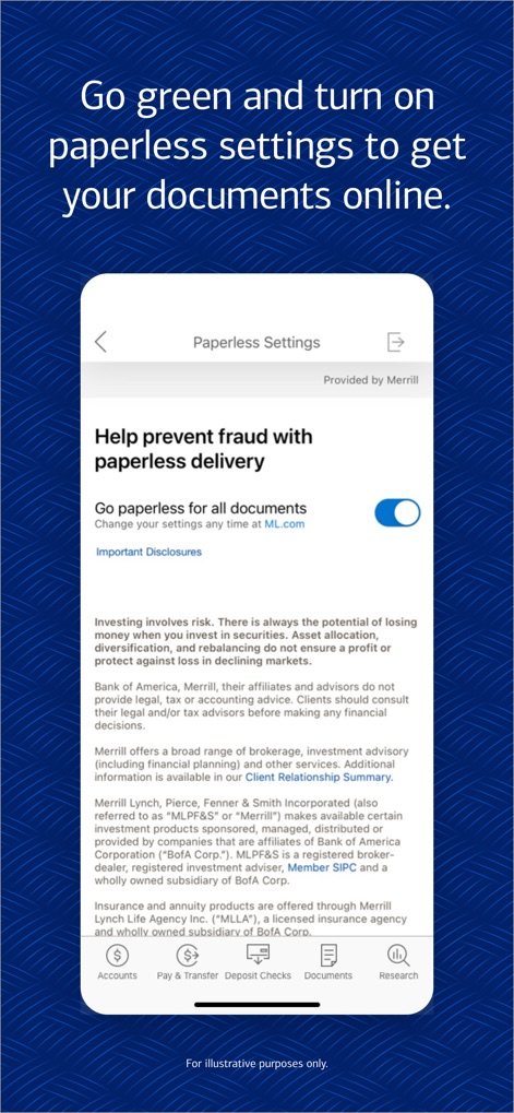 MyMerrill - Transition to digital document delivery with paperless settings, enabling users to toggle off physical mail and view important disclosures.