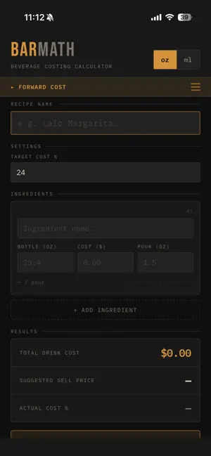 BarMath: Beverage Costing screenshot 1