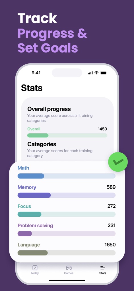 BrainGain - Brain Training - Monitor cognitive development with detailed progress statistics, offering insights into overall performance and individual skill category scores.