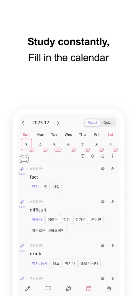 VoCat - My Own Vocabulary - Die App visualisiert den Lernfortschritt in einem Kalender, wo Nutzer die täglich hinzugefügten Wörter und Quiz-Historie über detaillierte Einträge verfolgen können.