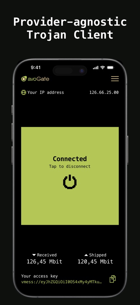 avoGate - See how avoGate enables instant, provider-agnostic connections with a single tap and displays real-time data transfer metrics for secure browsing.