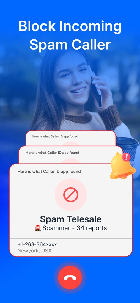 Caller ID - Spam Call Blocker - This screen illustrates the app's robust spam call blocking, clearly identifying unwanted calls as "Spam Telesale" and indicating user-reported warnings.