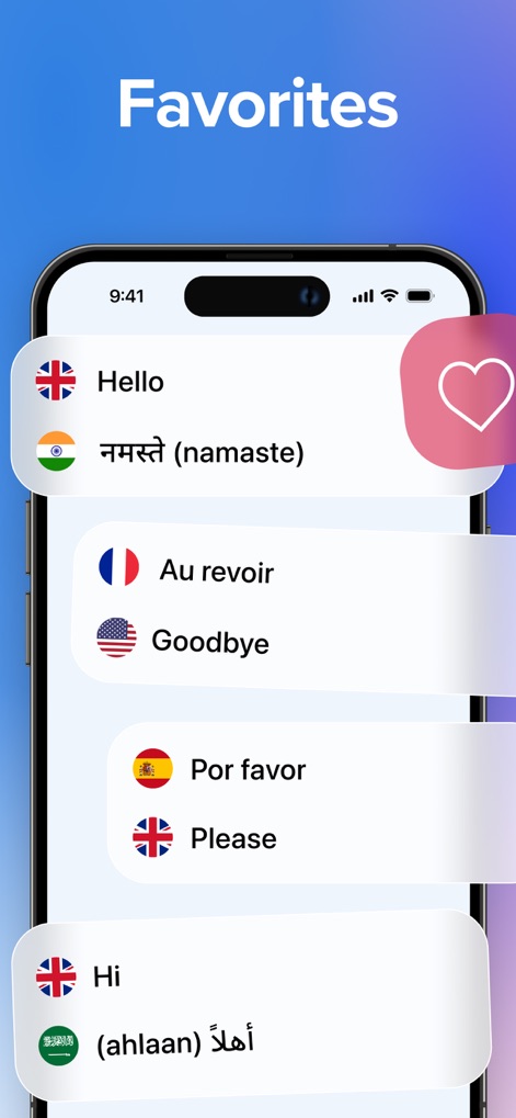 Talk & Translate AI Translator - The app allows users to easily save and access frequently used multilingual phrases, organized in a clear list under the Favorites section.
