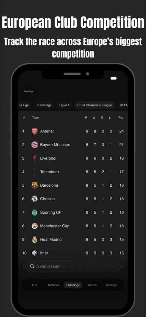 Rodjo Black - Match - The app offers comprehensive league tables for European competitions, allowing users to view team standings for leagues like the UEFA Champions League and crucial statistics such as points (Pts).
