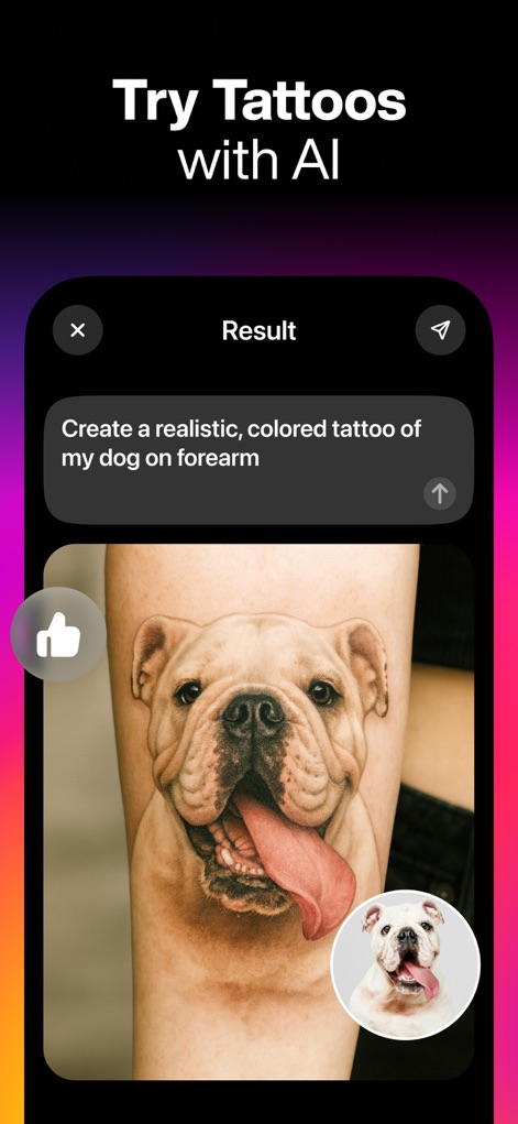 ReShoot: AI Photos & Edits - La aplicación permite probar tatuajes realistas y de color, como se aprecia en el diseño de un bulldog en un antebrazo, utilizando una imagen original para la referencia.