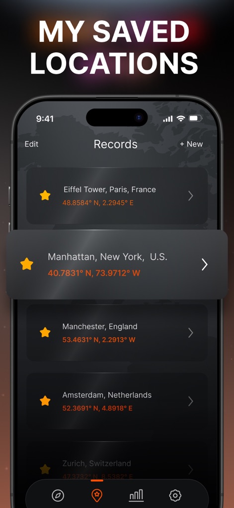 Compass & Coordinates Locator - Os usuários podem acessar e gerenciar facilmente uma lista de locais salvos, como a Torre Eiffel, com suas coordenadas geográficas exibidas para referência rápida.