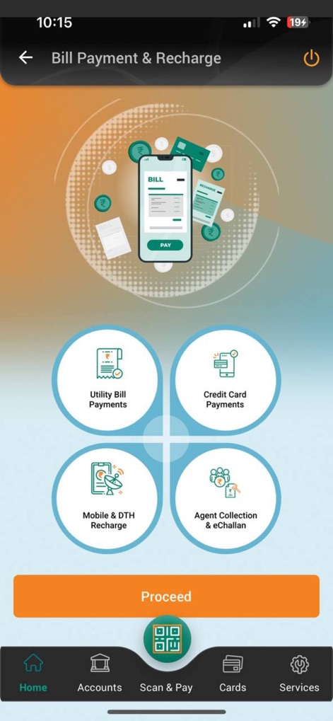 IDBI Bank GO Mobile+ - The app centralizes various payment functionalities, offering clear options for "Utility Bill Payments" and "Mobile & DTH Recharge" within an intuitive layout.