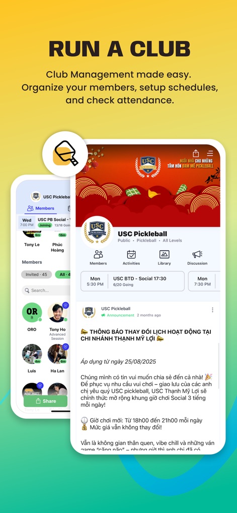 Reclub - Social Sports Nearby - Club managers can efficiently oversee members via the dedicated 'Members' tab, and keep participants informed through a structured 'Activities' feed with important announcements.