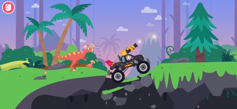 Dinosaur Games for kids 2-6 - Conquer challenging landscapes with a robust black vehicle, encountering majestic dinosaurs amidst lush green forests and treacherous cliffs.