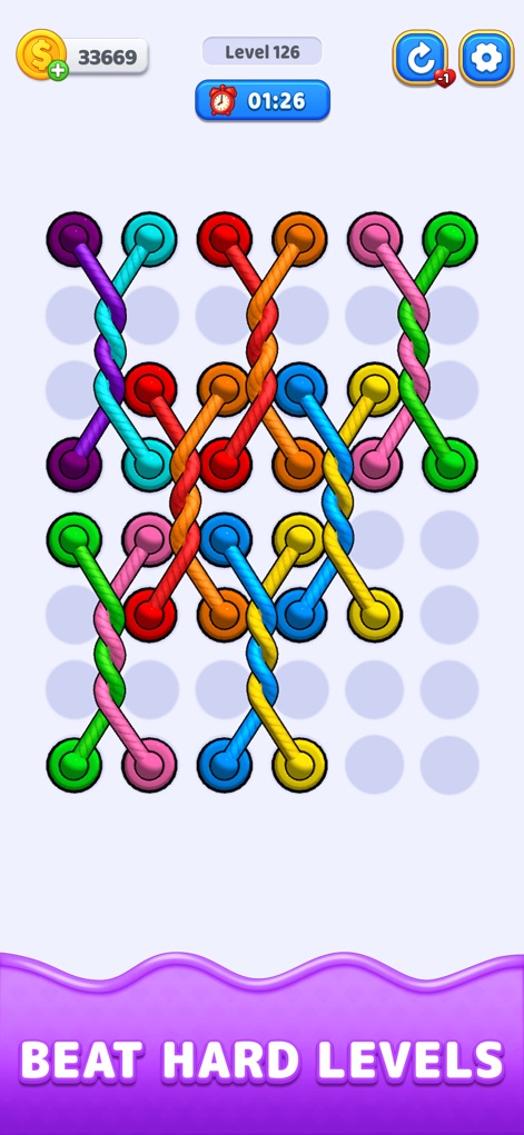 Rope Escape Master - Witness the game's evolving complexity with multiple multicolored ropes, showcasing intricate twisted segments within the puzzle at 'Level 126'.