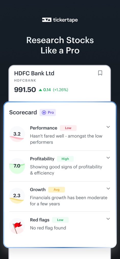 Tickertape: US & Indian Stocks - Nutzer können Aktien fundiert bewerten, indem sie eine detaillierte Scorecard mit Kennzahlen zu Performance und Profitabilität und qualitative Beschreibungen sowie Warnungen vor potenziellen „Red Flags“ nutzen.