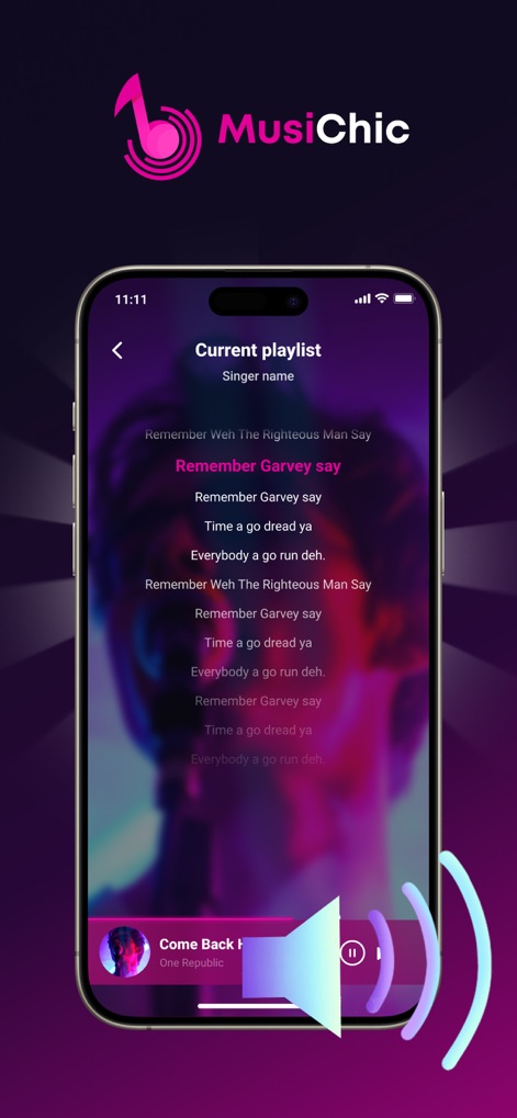 MusiChic-Offline Music Player - La aplicación ofrece la visualización de 'letras' sincronizadas, permitiendo a los melómanos seguir cada verso mientras la barra de reproducción inferior mantiene el control del audio y la información de la canción actual.