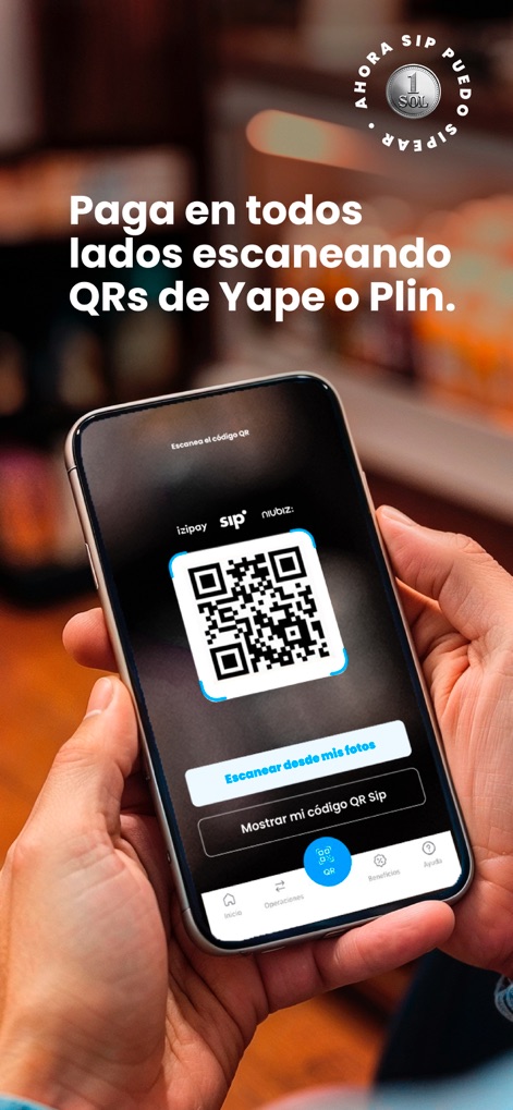 Sip: tu billetera digital - Los usuarios pueden observar la funcionalidad de escaneo de códigos QR para pagos, mostrando la integración con plataformas populares como Yape y Plin para transacciones rápidas.