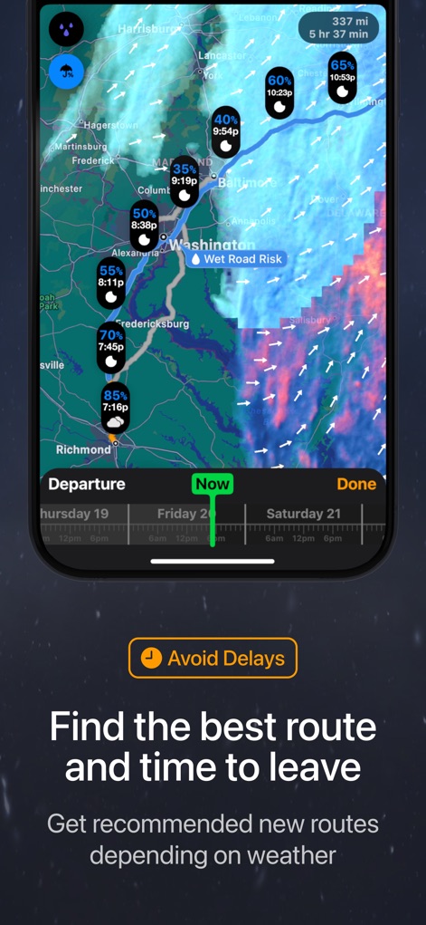 Weather on the Way - This screen showcases the ability to adjust departure times up to 7 days out, alongside dynamic weather conditions like wind speed and rain probability plotted on the route timeline.