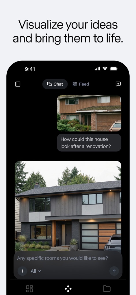 RunwayML - Nutzer können ihre Immobilienideen durch Chat-Befehle visualisieren, indem etwa der Vorher-Nachher-Effekt einer Hausrenovierung dargestellt und spezifische Raumanfragen gestellt werden können.