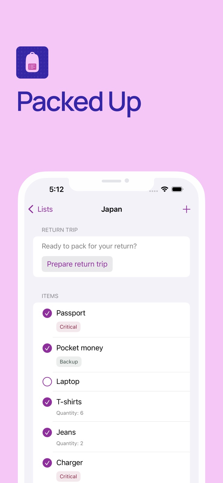 Packed Up: Smart packing iphone screenshot 1