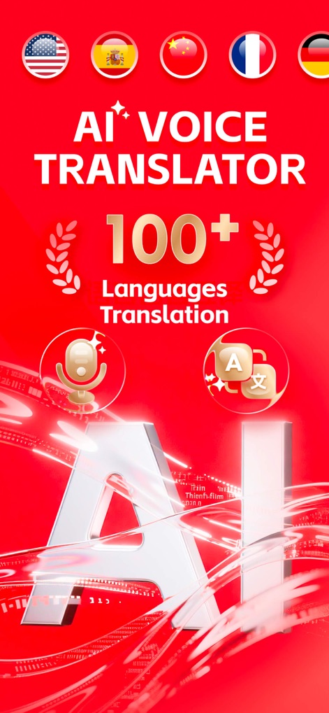 AI Voice Translate:Translator - A tela inicial destaca a capacidade de tradução para mais de 100 idiomas, evidenciada pelos múltiplos ícones de bandeiras na parte superior e a contagem "100+ Languages Translation".