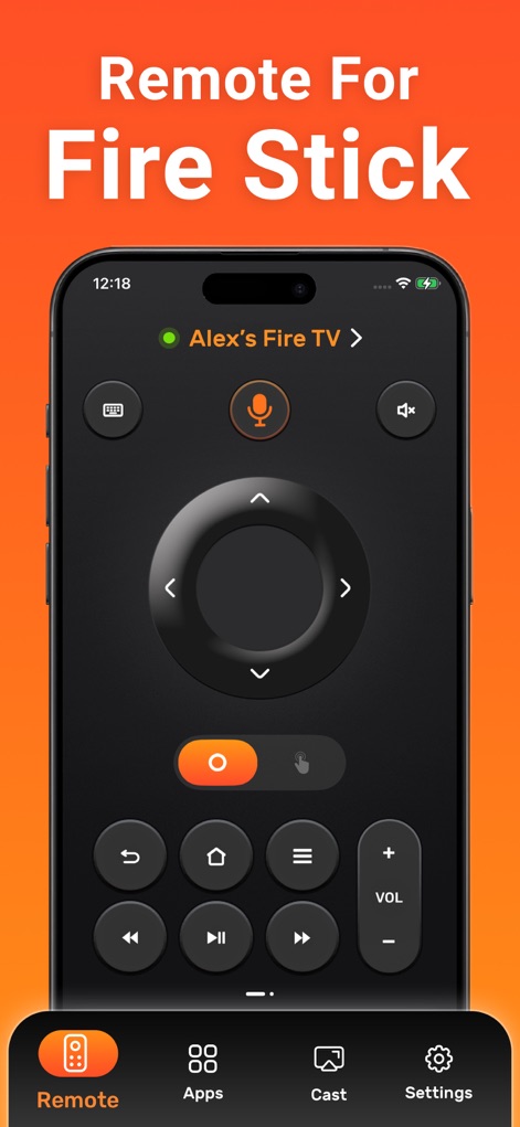 FireStick Remote Control - Questa schermata mostra il layout standard del telecomando virtuale, con il pad direzionale circolare e i pulsanti multimediali per una navigazione intuitiva, oltre all'indicatore di connessione al dispositivo Fire TV.