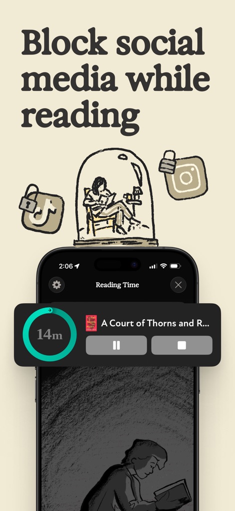 Margins: Book Tracker - Los usuarios pueden activar la función "Reading Time" para bloquear aplicaciones distractoras como TikTok e Instagram, fomentando un ambiente de lectura sin interrupciones.
