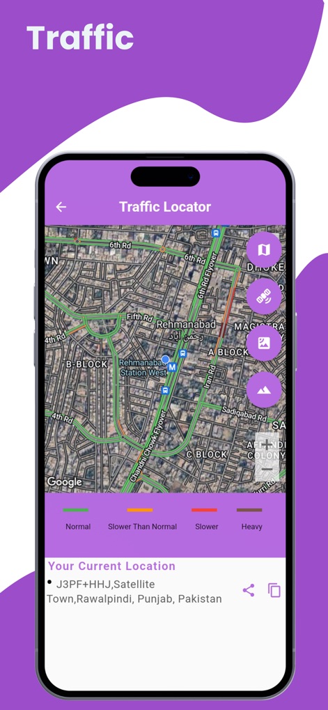 Live Satellite View & GPS Maps - The app provides real-time traffic conditions, visually indicating 'Normal' and 'Slower Than Normal' routes with color-coded lines on the map.