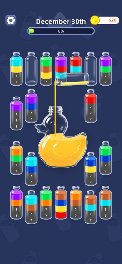 Water Jam Sort - Match Puzzle - Explore a dynamic daily challenge featuring a whimsical duck-shaped bottle, receiving a pour of liquid from a smaller bottle, demonstrating the app's diverse level designs.