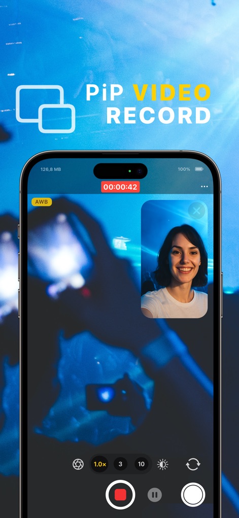 xZoom Cam - PRO Camera - The app enables innovative "PiP VIDEO RECORD" functionality, allowing users to capture simultaneous perspectives as demonstrated by the main "concert scene" and the inset "smiling face" video feed.
