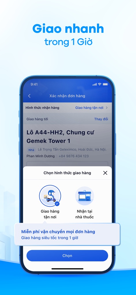 Long Châu - Chuyên gia thuốc - L'application permet aux utilisateurs de choisir entre la livraison à domicile et le retrait en pharmacie, garantissant une livraison gratuite et ultra-rapide en moins d'une heure.