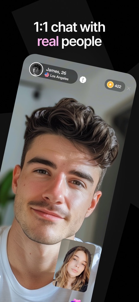 MatchPub: Live 1:1 Video Chat - L'immagine presenta una conversazione video 1:1 con un utente di nome 'James, 26', dimostrando l'interazione personale e diretta tra 'persone reali' come indicato dal titolo principale.