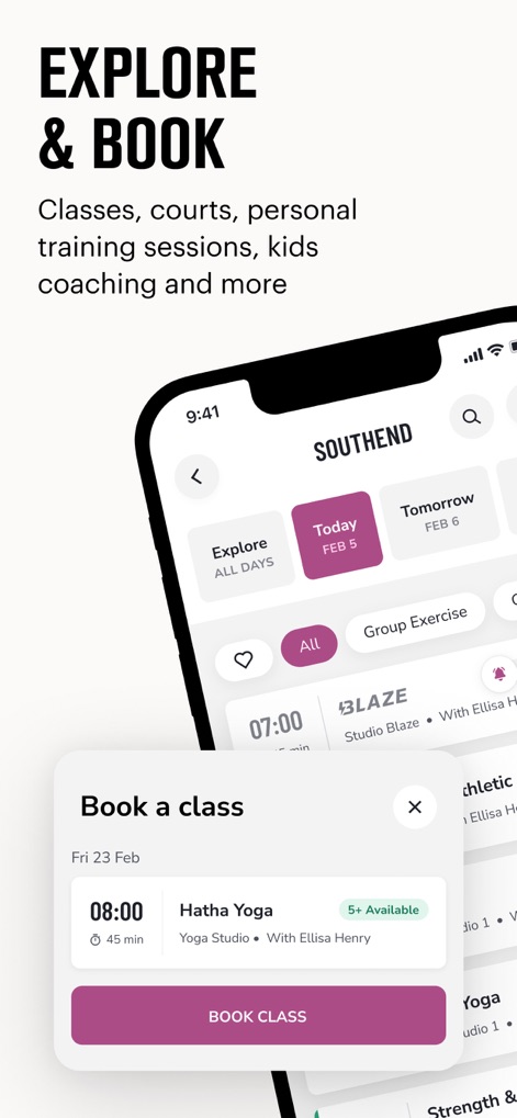 David Lloyd Clubs - Users can easily explore and filter available classes by date and type, then book sessions directly through the 'Book a class' modal with specific class details.