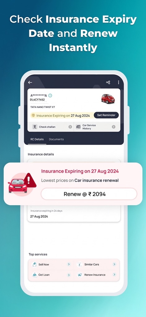 CarInfo - Vehicle Information - Users can easily check their insurance expiry date and set reminders, with the option to instantly renew policies via a dedicated 'Renew' button.