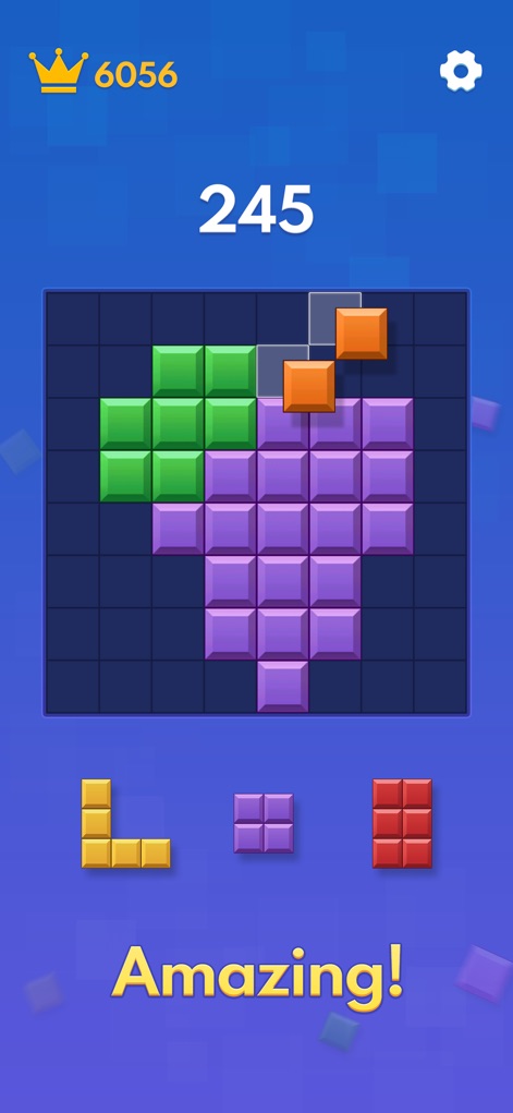 Block Blast - Top Block Puzzle - This tool showcases the dynamic board where players strategically place various block shapes to clear lines, accompanied by an "Amazing!" feedback banner.
