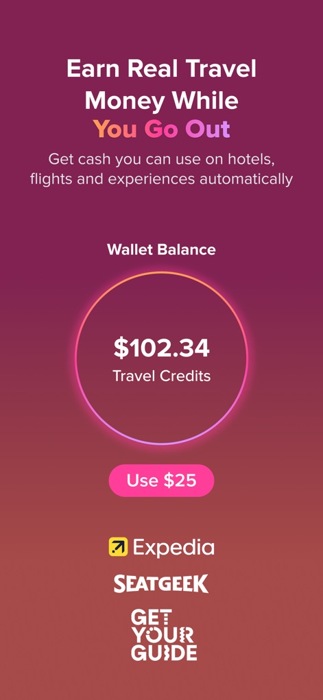 Atmosfy: Meet Your City - O aplicativo permite que usuários acumulem "Travel Credits", exibindo um "Wallet Balance" de "$102.34" e a possibilidade de resgatar com parceiros como "Expedia" e "SeatGeek".