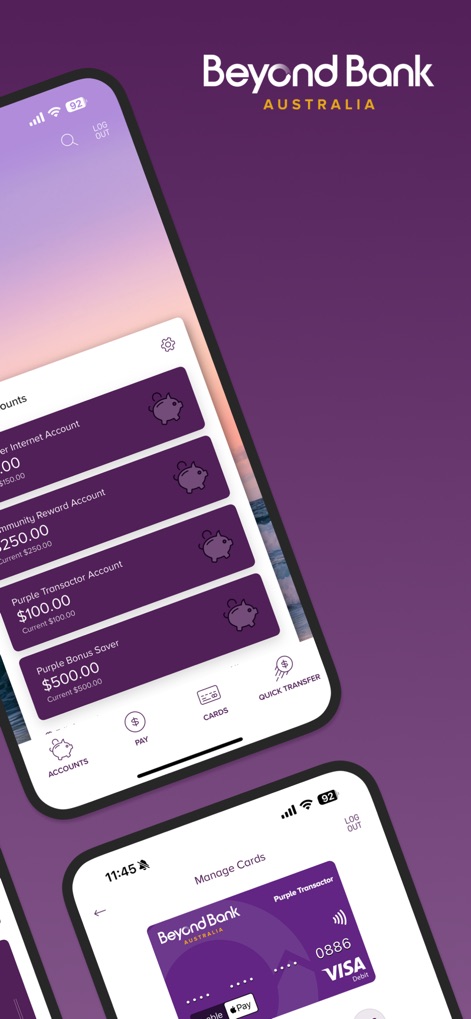 Beyond Bank - Cet outil offre une vue d'ensemble claire des différents comptes de l'utilisateur, tels que monEsaver et Community Reward, et facilite la navigation vers la gestion des cartes via une barre de menu intuitive.