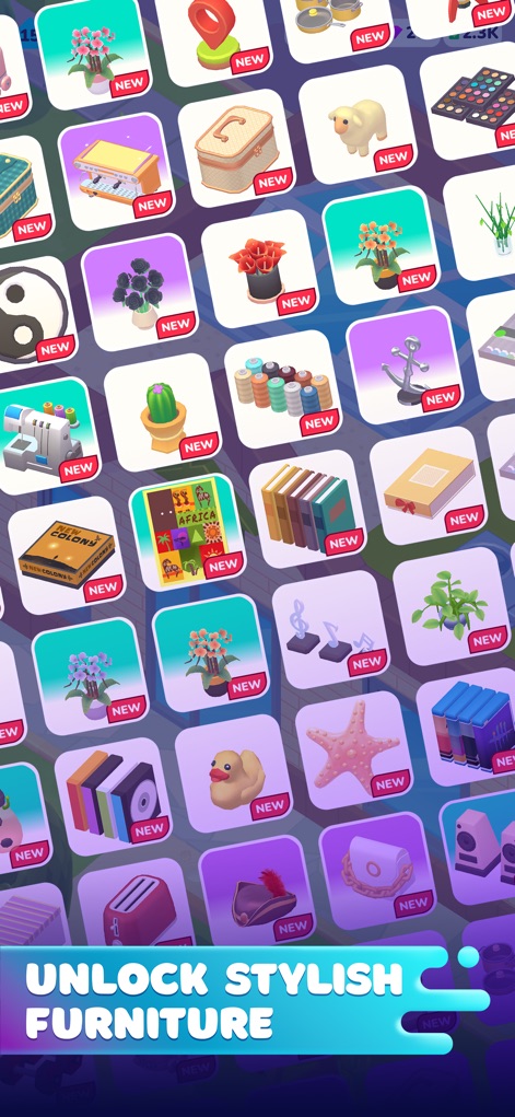 Life Dream: Build Cozy Home - O jogo apresenta uma extensa galeria de itens novos, incluindo diversas opções de plantas ornamentais e pilhas de livros decorativos para enriquecer o ambiente.