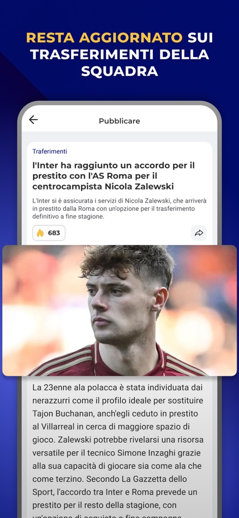 Inter Live - News & Matches - Dieser Bildschirm präsentiert eine aktuelle Transfer-Nachricht über einen Spielerwechsel, wie den Leihvertrag von Nicola Zalewski, ergänzt durch ein großformatiges Porträtbild des betreffenden Spielers.