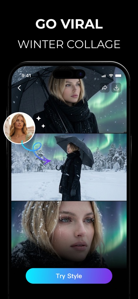 Movia AI: Photo to Video Maker - A imagem revela a função "GO VIRAL" do aplicativo, permitindo aos usuários criar colagens de inverno com uma mulher em cenários de neve e o efeito da aurora boreal.